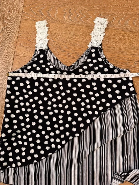 Tank Top Polka Dot & Vertical Stripe Lace-Trim Straps - Black/White Relaxed Fit - Picture 11 of 14